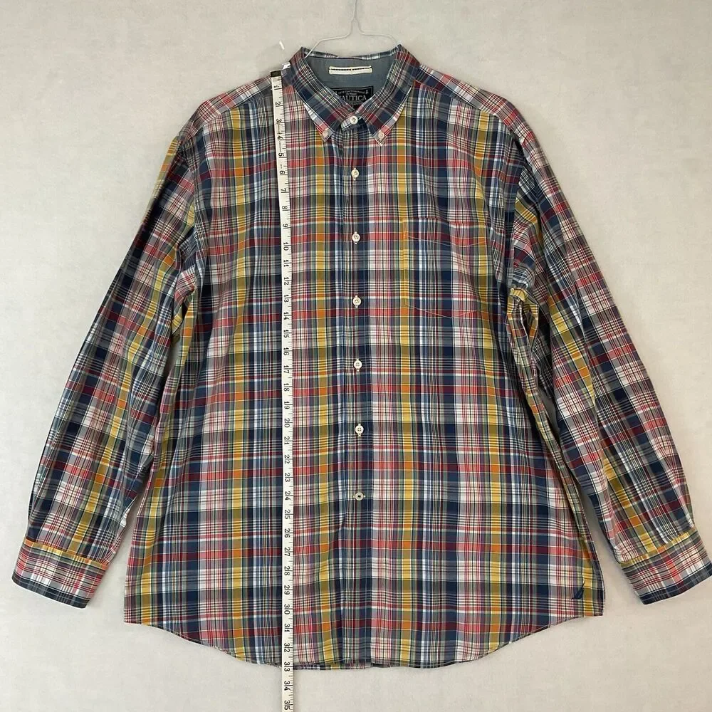 Nautica Shirt Mens XL Blue Yellow Plaid Button Up Down Long Sleeve Casual Cotton